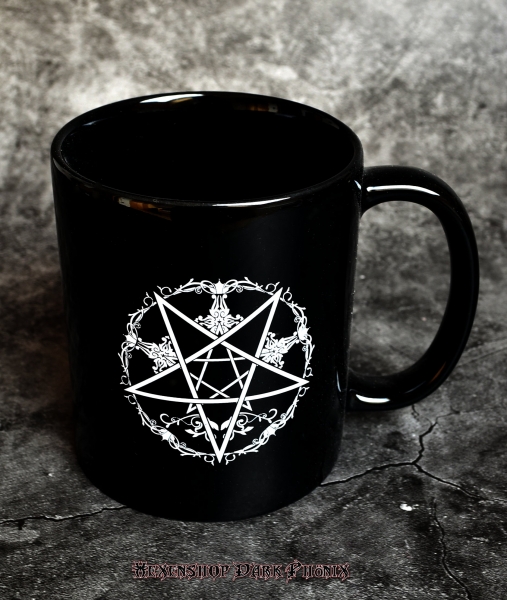 Hexenshop Dark Phönix Schwarze Tee- oder Kaffeetasse mit weißem Pentagramm